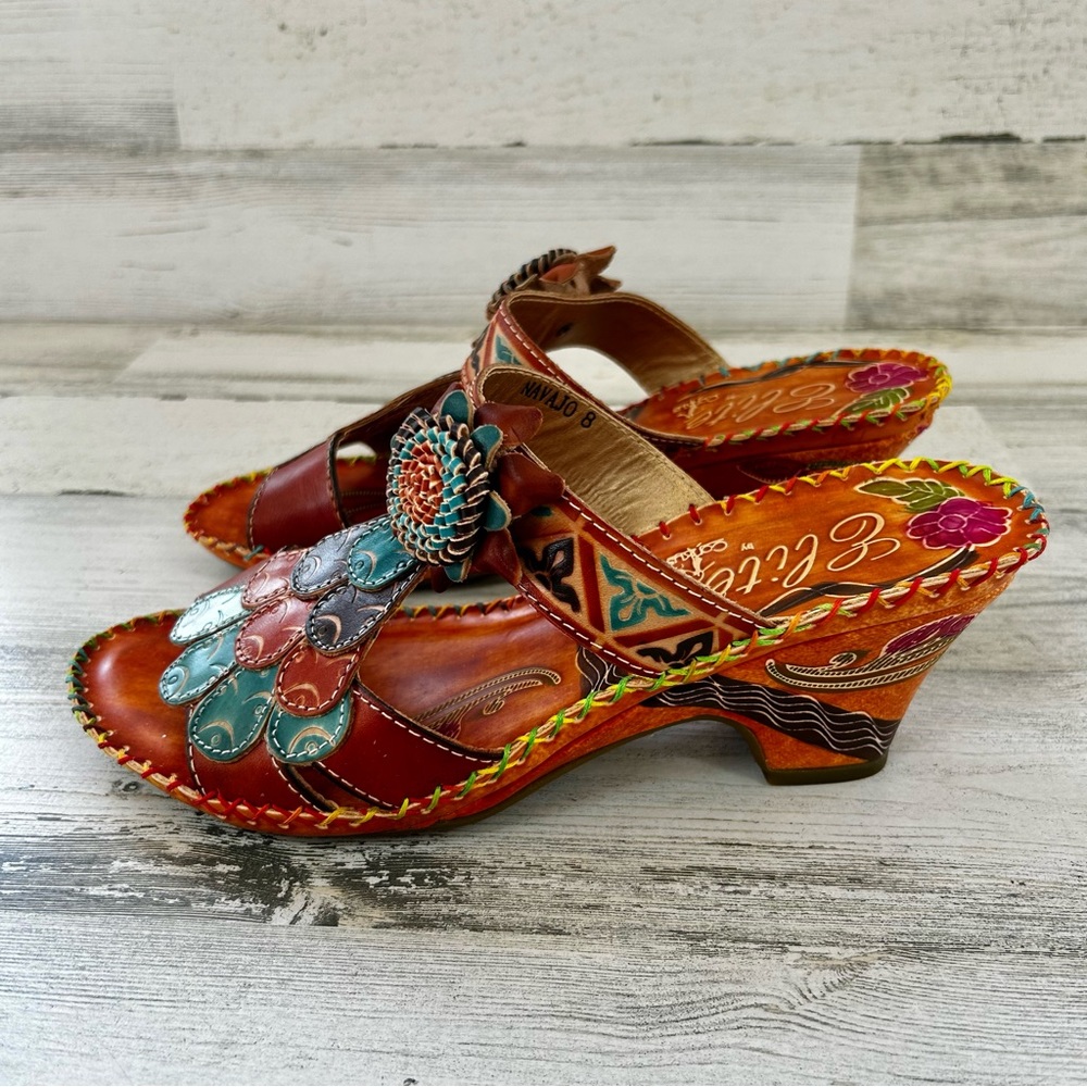 ELITE By CONKUS Navajo Brown Turquoise Leather Heeled Sandals 8